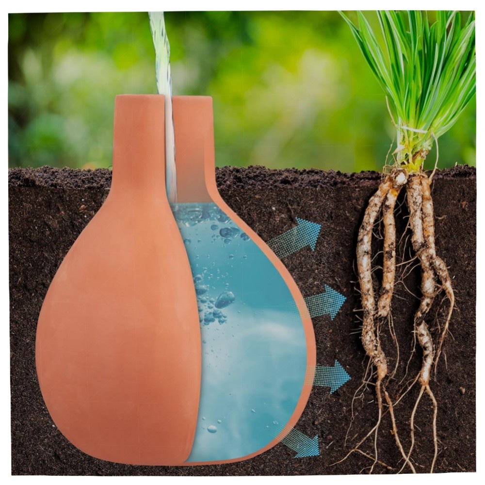 Ollas Bewässerung 2er-Set 1,5 l – terrakotta Ton-Vasen für wurzelnahe, sparsame Garten- & Hochbeet-Bewässerung, inkl. Deckel, hochwertig
