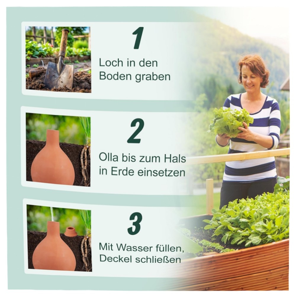 Ollas Bewässerung 2er-Set 1,5 l – terrakotta Ton-Vasen für wurzelnahe, sparsame Garten- & Hochbeet-Bewässerung, inkl. Deckel, hochwertig