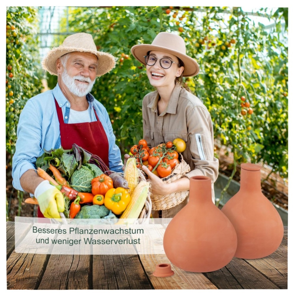 Ollas Bewässerung 2er-Set 1,5 l – terrakotta Ton-Vasen für wurzelnahe, sparsame Garten- & Hochbeet-Bewässerung, inkl. Deckel, hochwertig