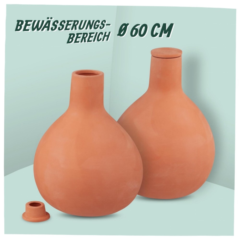Ollas Bewässerung 2er-Set 1,5 l – terrakotta Ton-Vasen für wurzelnahe, sparsame Garten- & Hochbeet-Bewässerung, inkl. Deckel, hochwertig