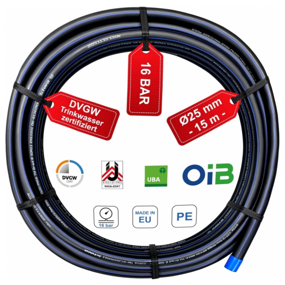 PE-Verlegerohr 25 mm x 15 m PN16 – DVGW Trinkwasserzertifiziertes PE-HD Rohr mit 2x 90° PP-Kupplungen, UV-beständig