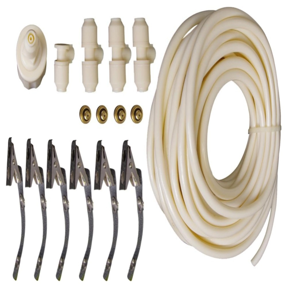 Sprühnebel-System für Terrasse & Garten – 7,5 m Set mit 4 Messingdüsen, Verdunstungskühlung & Wasserhahn-Adapter – hochwertig, vormontiert