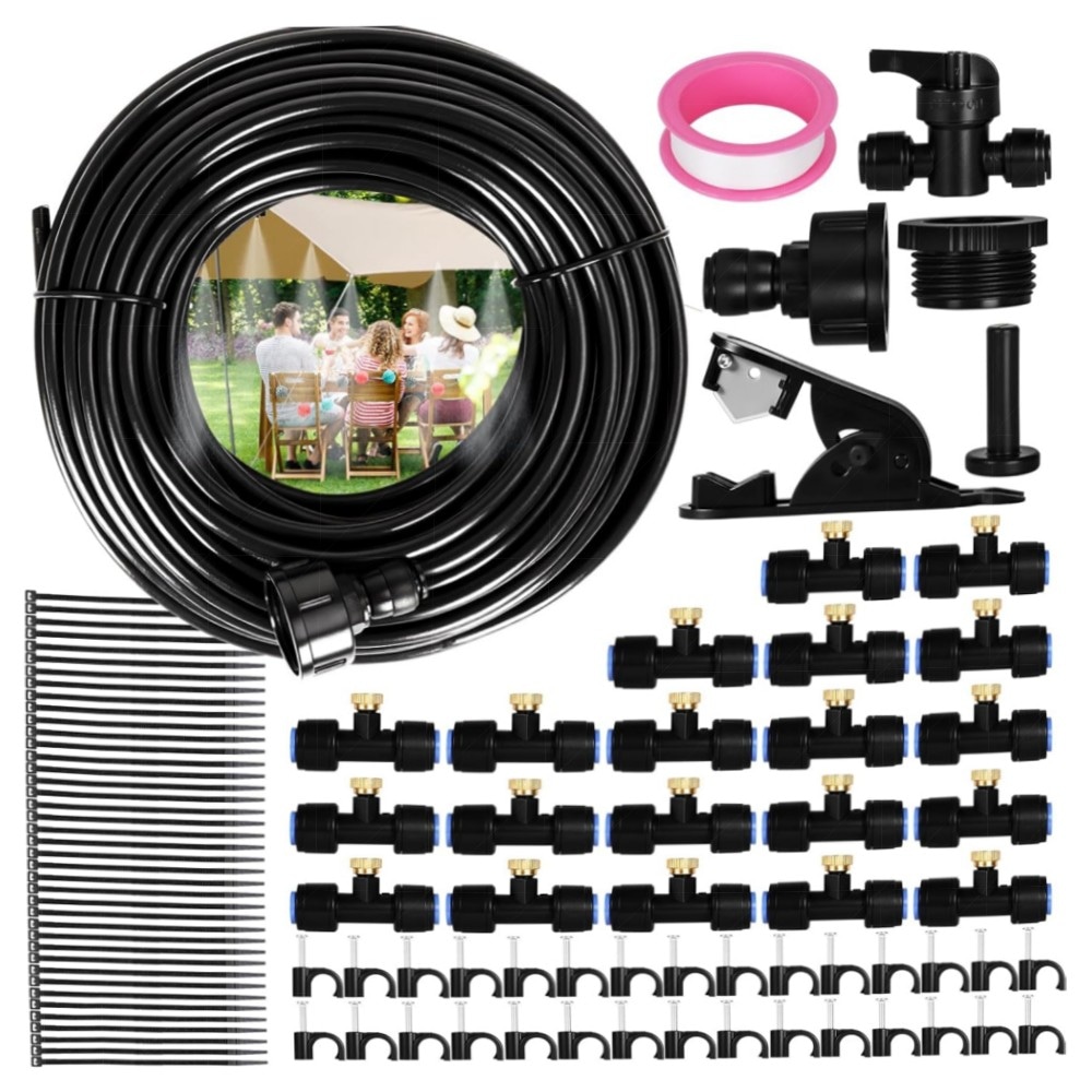 18 m Nebel-Sprühsystem für Garten – Misting Cooling System mit 21 Metalldüsen, UV-beständiger PE-Schlauch, energiearm & einfache Montage