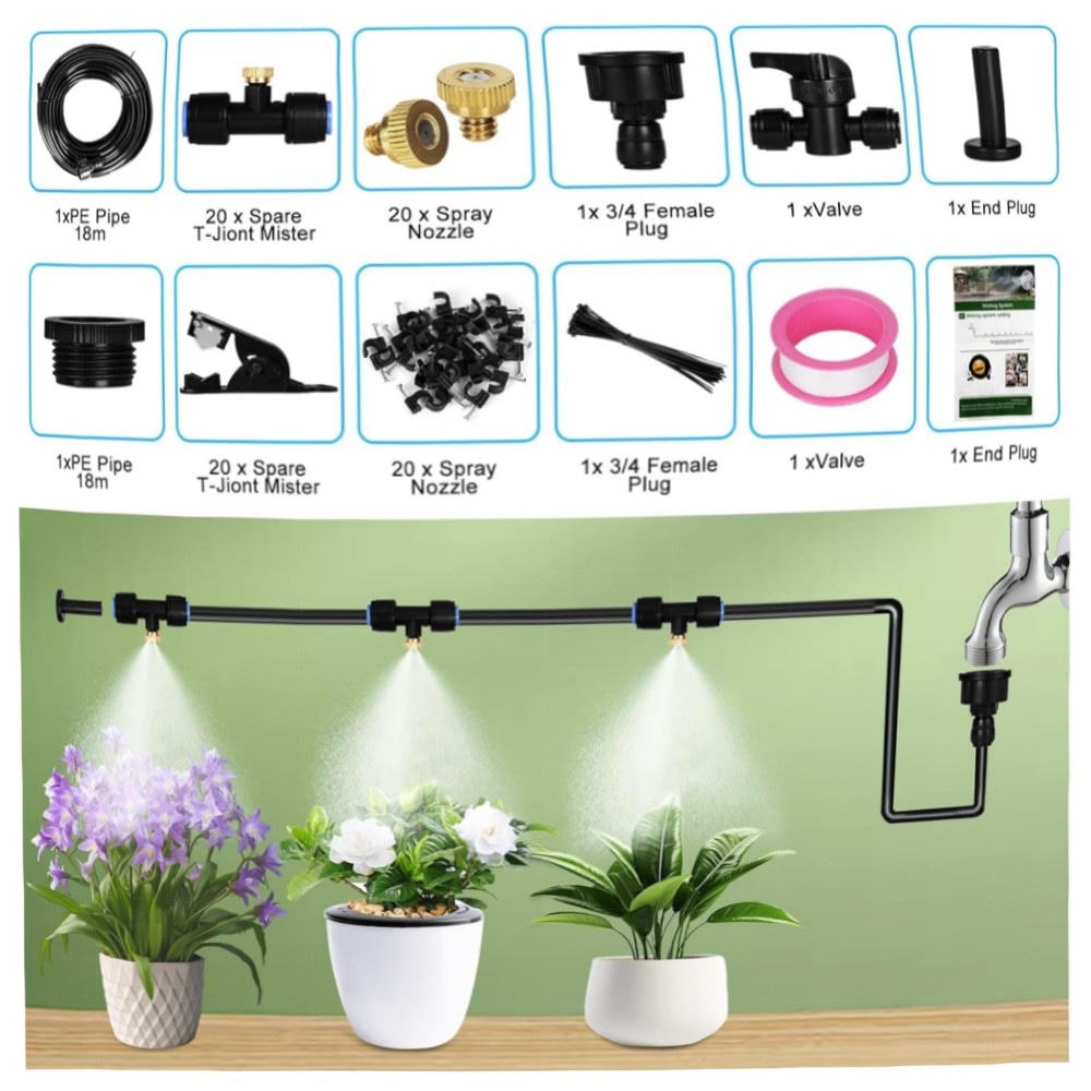 18 m Nebel-Sprühsystem für Garten – Misting Cooling System mit 21 Metalldüsen, UV-beständiger PE-Schlauch, energiearm & einfache Montage