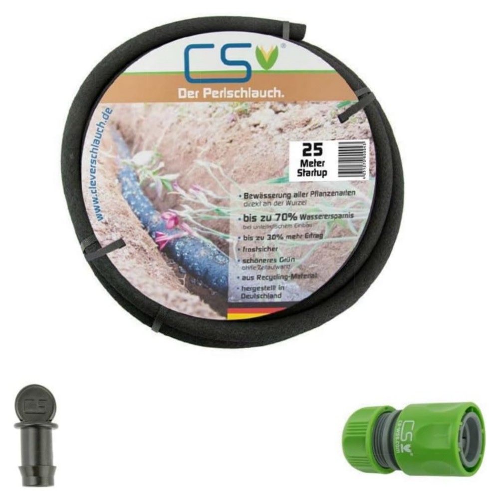 25 m CS Perlschlauch Startup mit Schnellkupplung & Endstopfen – hochwertige PE-Bewässerung für Hochbeete & Gewächshaus, frostsicher