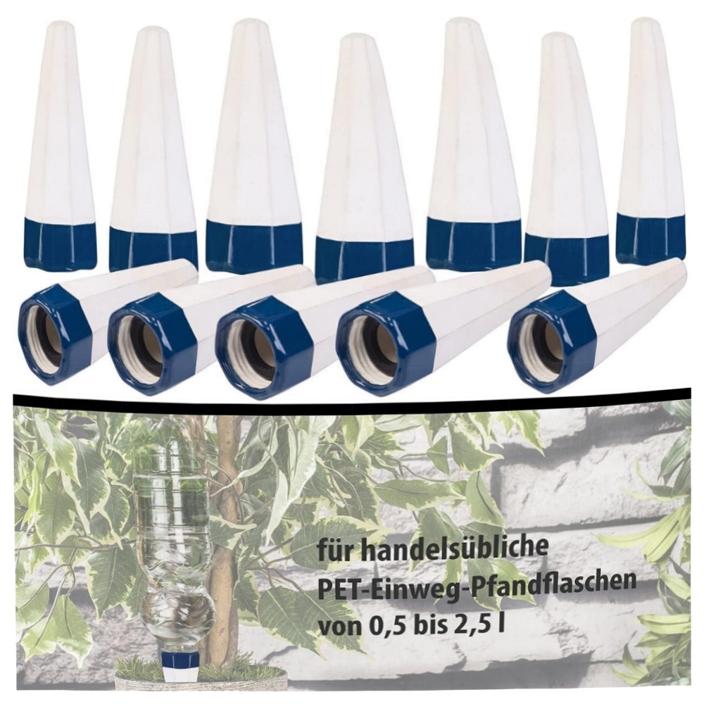 Ton-Bewässerungskegel 12er-Set für PET-Flaschen – poröse Terrakotta-Spitzen mit Dichtungsring, einfache Urlaubsbewässerung für Topf- & Balkonpflanzen