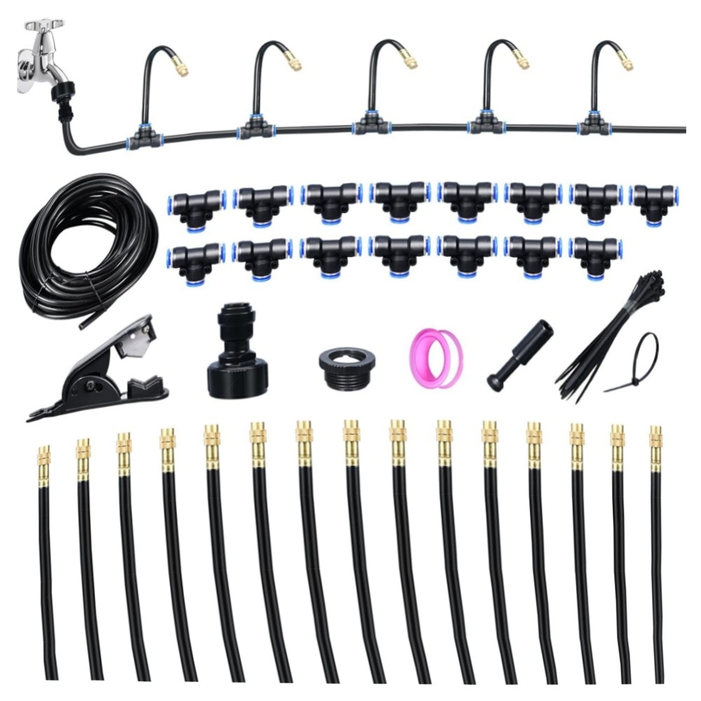 360° Flexibles Garten-Nebelsprühsystem (20 m) – Bewässerungs-Set mit 20 Messingdüsen, Schnellverbinder & Zaunbefestigung, wassersparend & hitzebeständig