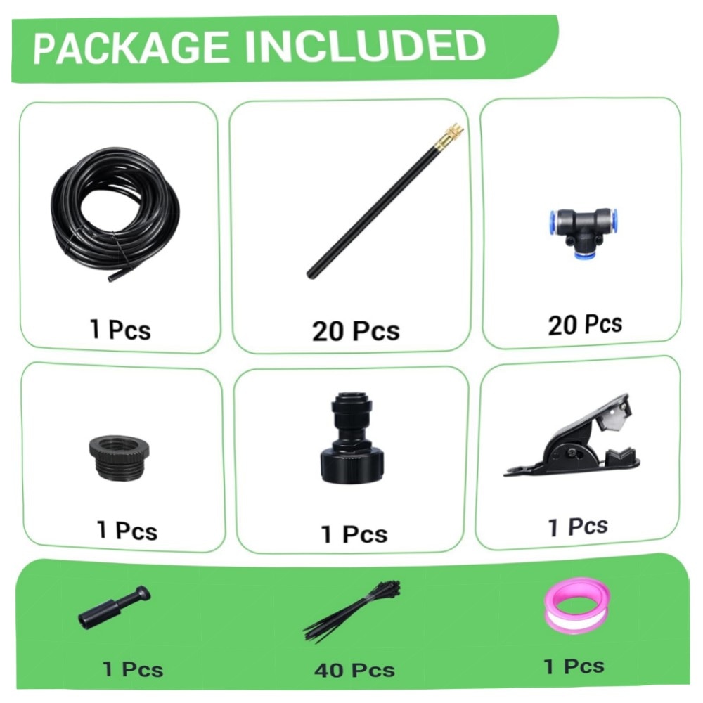 360° Flexibles Garten-Nebelsprühsystem (20 m) – Bewässerungs-Set mit 20 Messingdüsen, Schnellverbinder & Zaunbefestigung, wassersparend & hitzebeständig