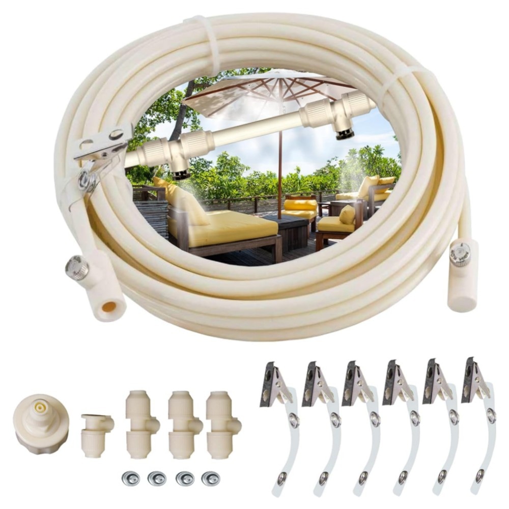 Sprühnebel-System für Terrasse & Garten – 7,5 m Set mit 4 Messingdüsen, Verdunstungskühlung & Wasserhahn-Adapter – hochwertig, vormontiert