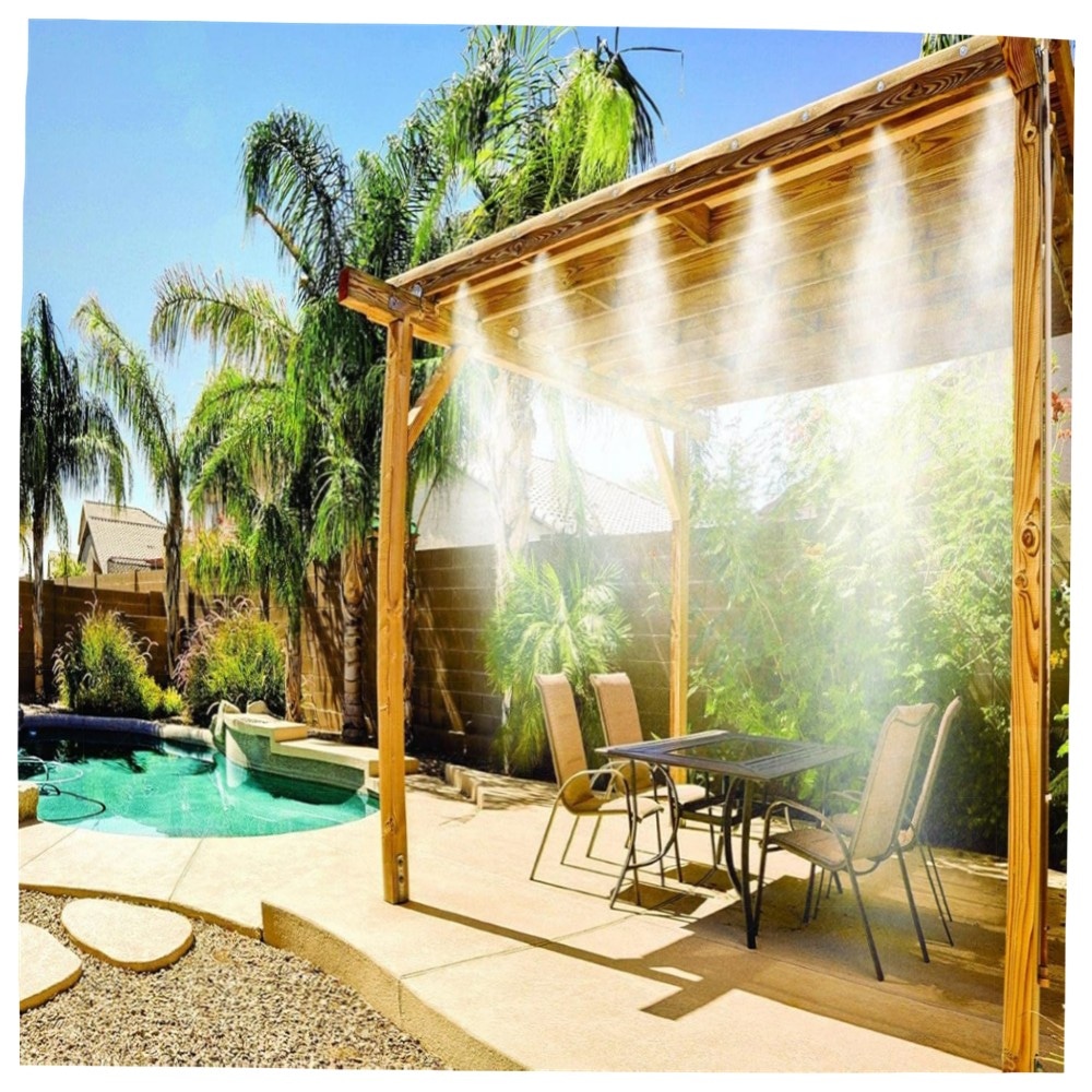 Sprühnebel-System für Terrasse & Garten – 7,5 m Set mit 4 Messingdüsen, Verdunstungskühlung & Wasserhahn-Adapter – hochwertig, vormontiert