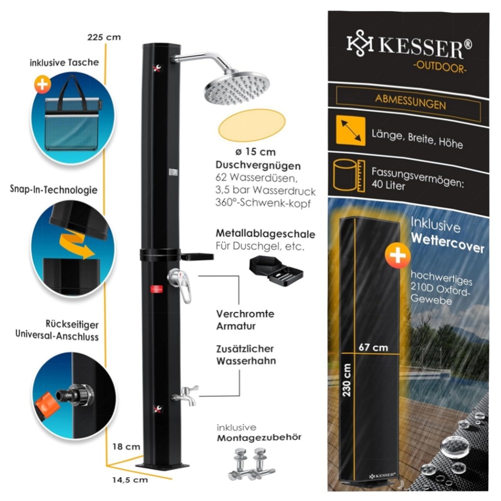Solardusche 60 L KESSER® – Gartendusche mit Regenduschkopf & Metallablage, UV-beständig, ohne Strom, bis 60°C, inkl. Schutzhaube
