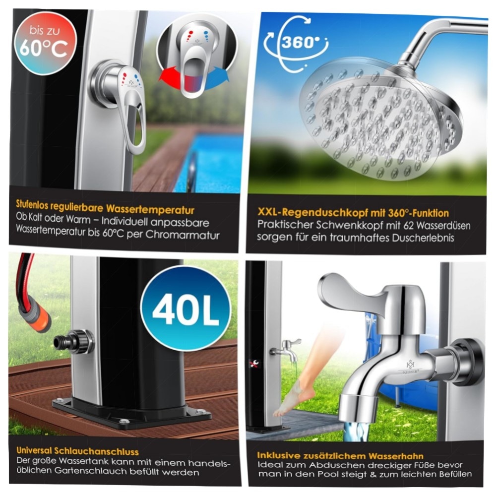 Solardusche 60 L KESSER® – Gartendusche mit Regenduschkopf & Metallablage, UV-beständig, ohne Strom, bis 60°C, inkl. Schutzhaube