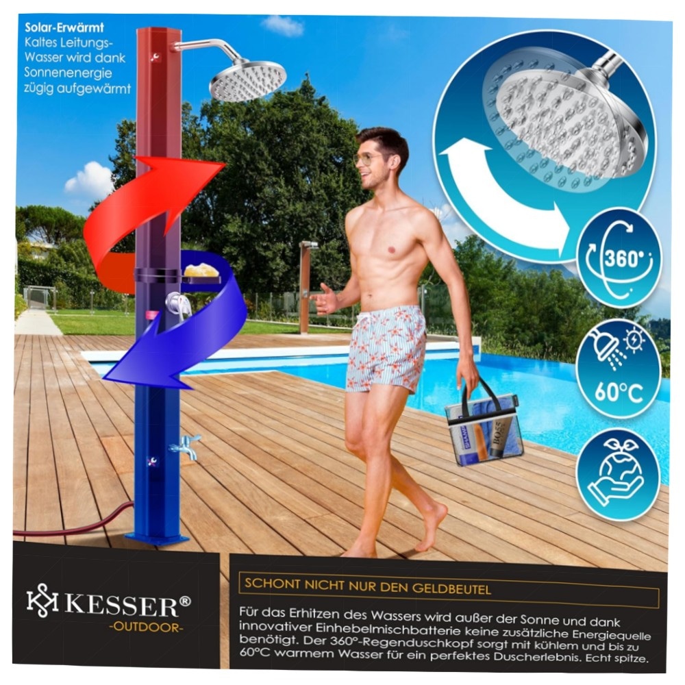 Solardusche 60 L KESSER® – Gartendusche mit Regenduschkopf & Metallablage, UV-beständig, ohne Strom, bis 60°C, inkl. Schutzhaube