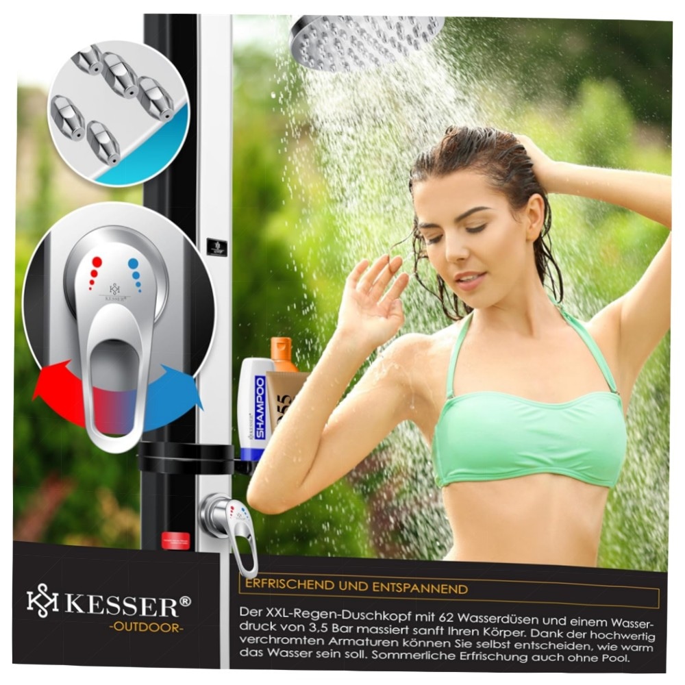 Solardusche 60 L KESSER® – Gartendusche mit Regenduschkopf & Metallablage, UV-beständig, ohne Strom, bis 60°C, inkl. Schutzhaube