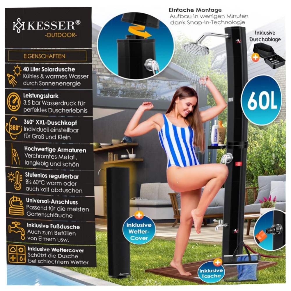 Solardusche 60 L KESSER® – Gartendusche mit Regenduschkopf & Metallablage, UV-beständig, ohne Strom, bis 60°C, inkl. Schutzhaube