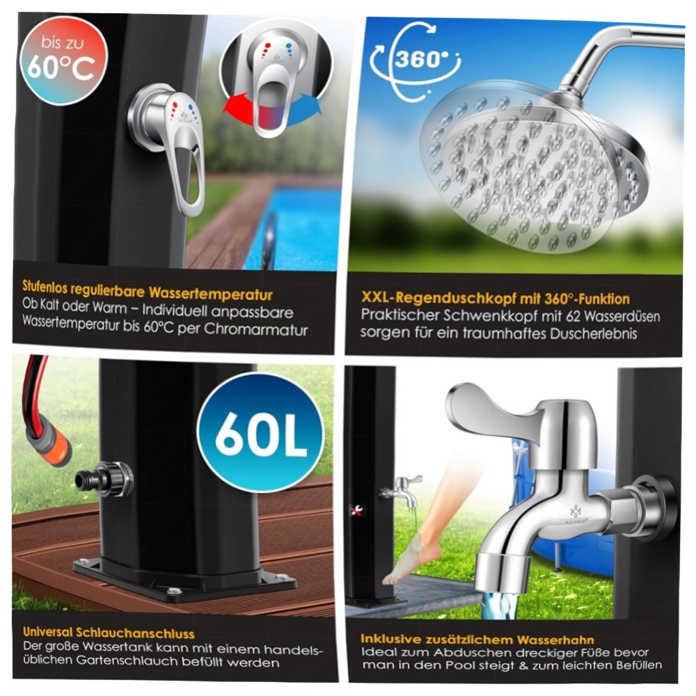 Solardusche 60 L KESSER® – Gartendusche mit Regenduschkopf & Metallablage, UV-beständig, ohne Strom, bis 60°C, inkl. Schutzhaube