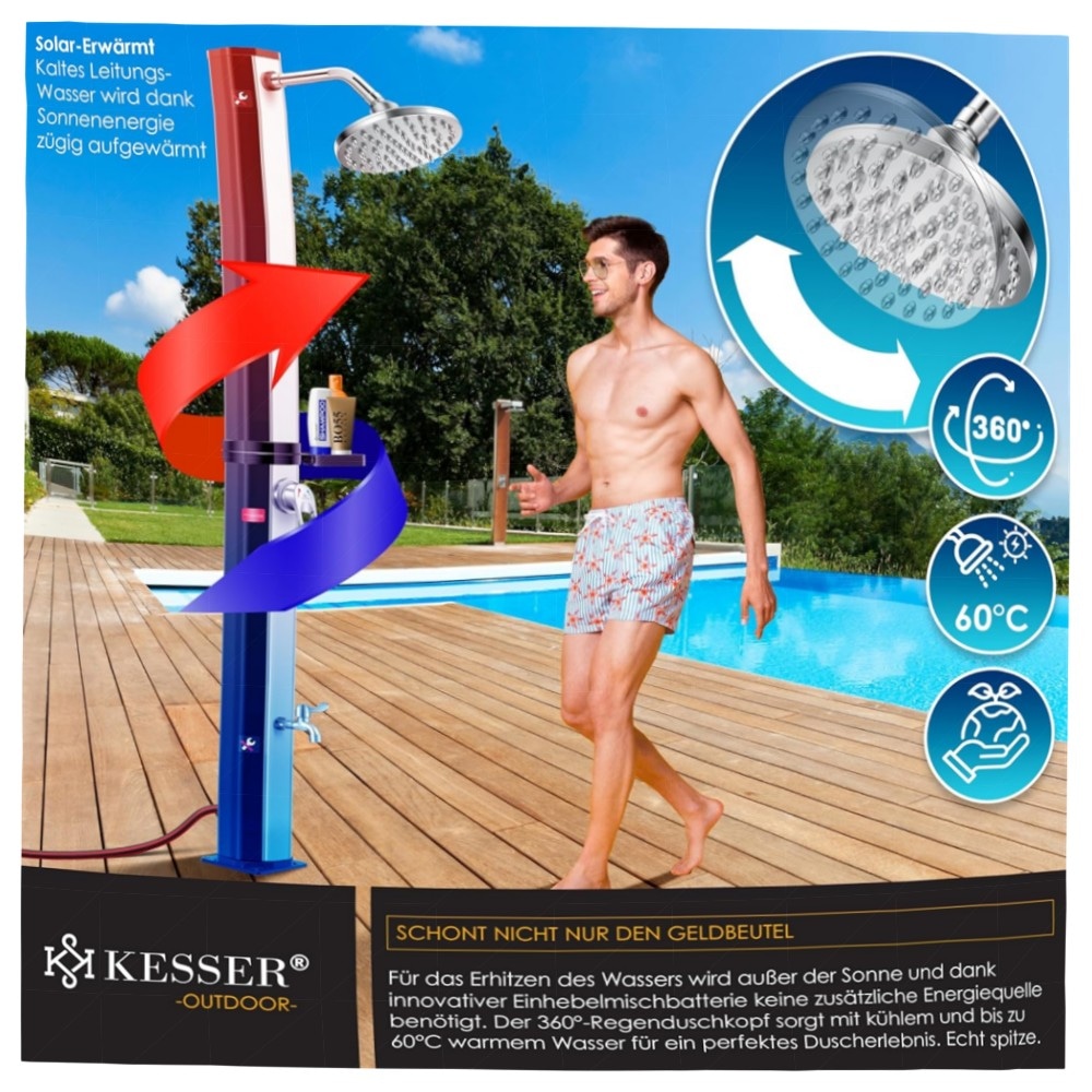 Solardusche 60 L KESSER® – Gartendusche mit Regenduschkopf & Metallablage, UV-beständig, ohne Strom, bis 60°C, inkl. Schutzhaube