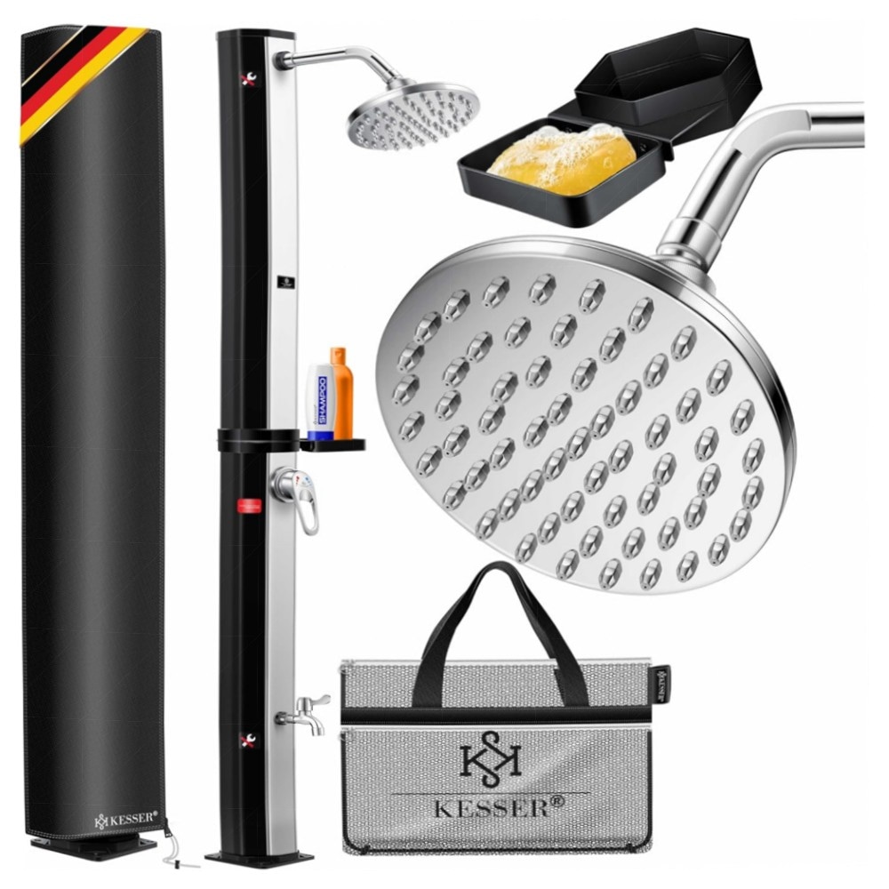 Solardusche 60 L KESSER® – Gartendusche mit Regenduschkopf & Metallablage, UV-beständig, ohne Strom, bis 60°C, inkl. Schutzhaube