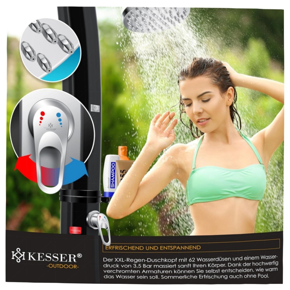 Solardusche 60 L KESSER® – Gartendusche mit Regenduschkopf & Metallablage, UV-beständig, ohne Strom, bis 60°C, inkl. Schutzhaube
