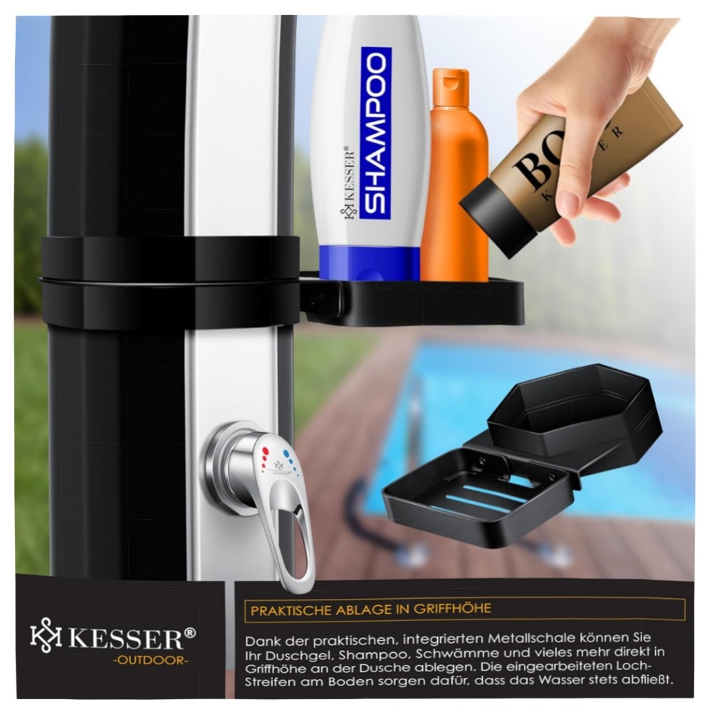 Solardusche 60 L KESSER® – Gartendusche mit Regenduschkopf & Metallablage, UV-beständig, ohne Strom, bis 60°C, inkl. Schutzhaube