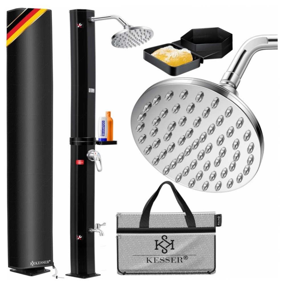 Solardusche 60 L KESSER® – Gartendusche mit Regenduschkopf & Metallablage, UV-beständig, ohne Strom, bis 60°C, inkl. Schutzhaube Solardusche 60 L KESSER® – Gartendusche mit Regenduschkopf & Metallablage, UV-beständig, ohne Strom, bis 60°C, inkl. Schutzhaube