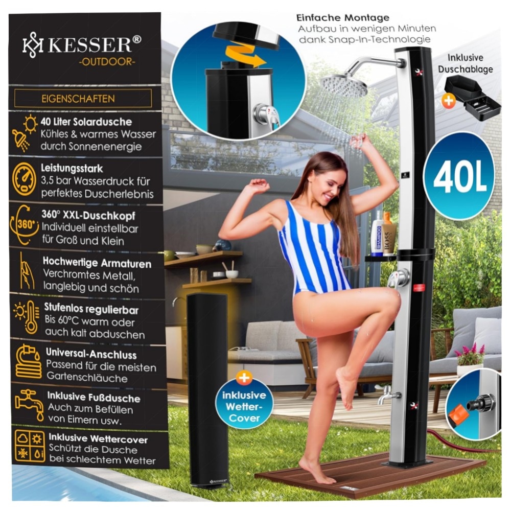 Solardusche 60 L KESSER® – Gartendusche mit Regenduschkopf & Metallablage, UV-beständig, ohne Strom, bis 60°C, inkl. Schutzhaube