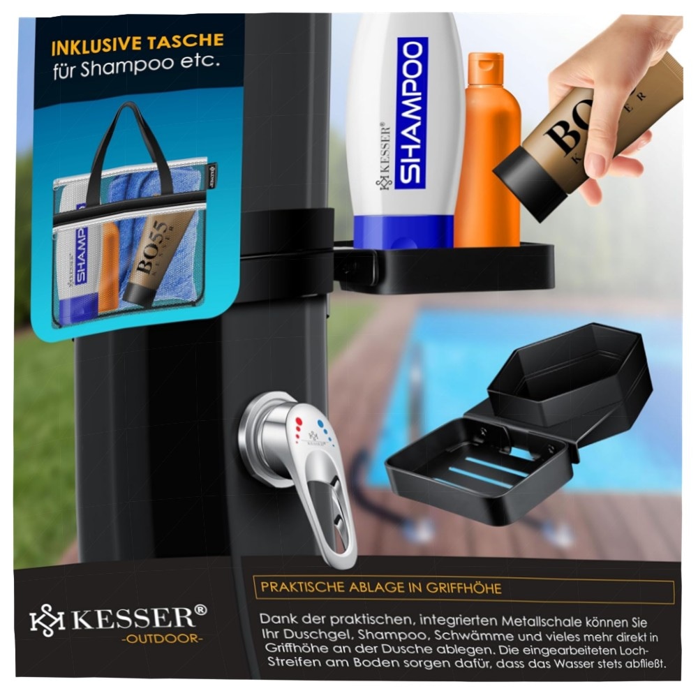 Solardusche 60 L KESSER® – Gartendusche mit Regenduschkopf & Metallablage, UV-beständig, ohne Strom, bis 60°C, inkl. Schutzhaube
