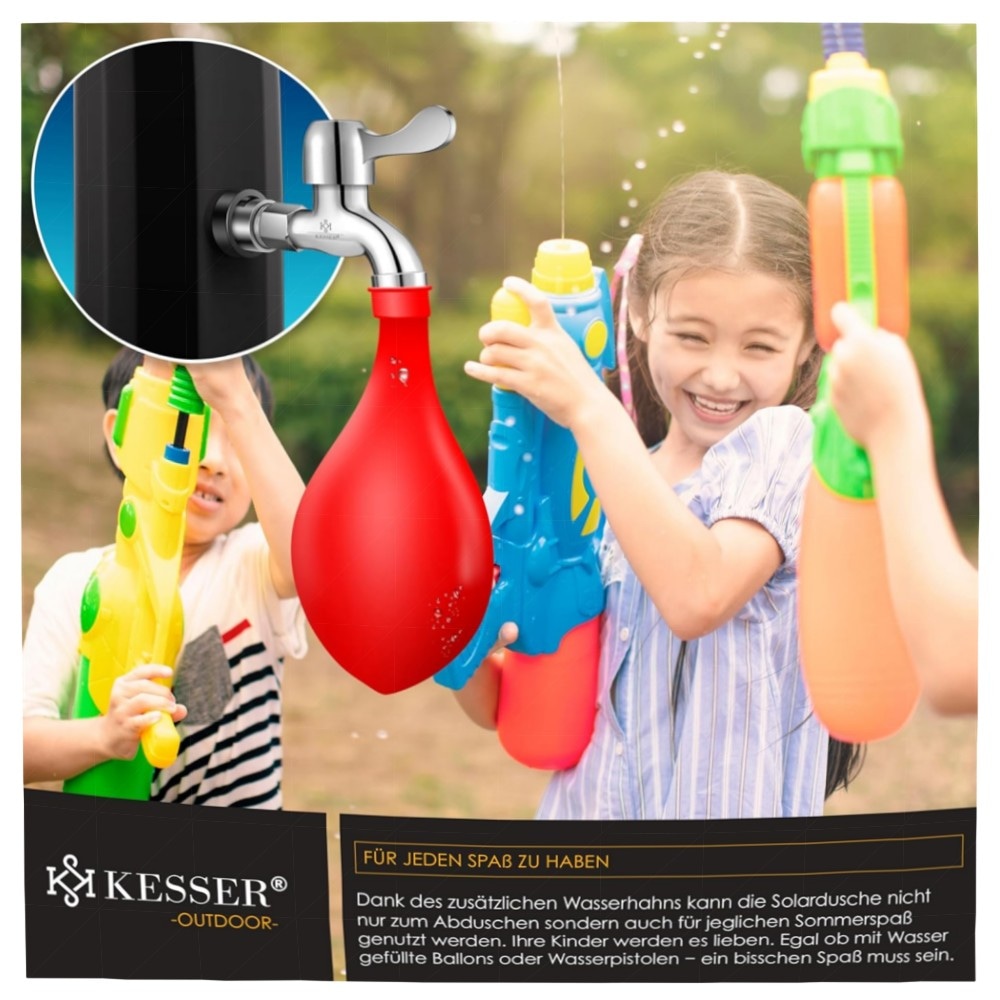 Solardusche 60 L KESSER® – Gartendusche mit Regenduschkopf & Metallablage, UV-beständig, ohne Strom, bis 60°C, inkl. Schutzhaube