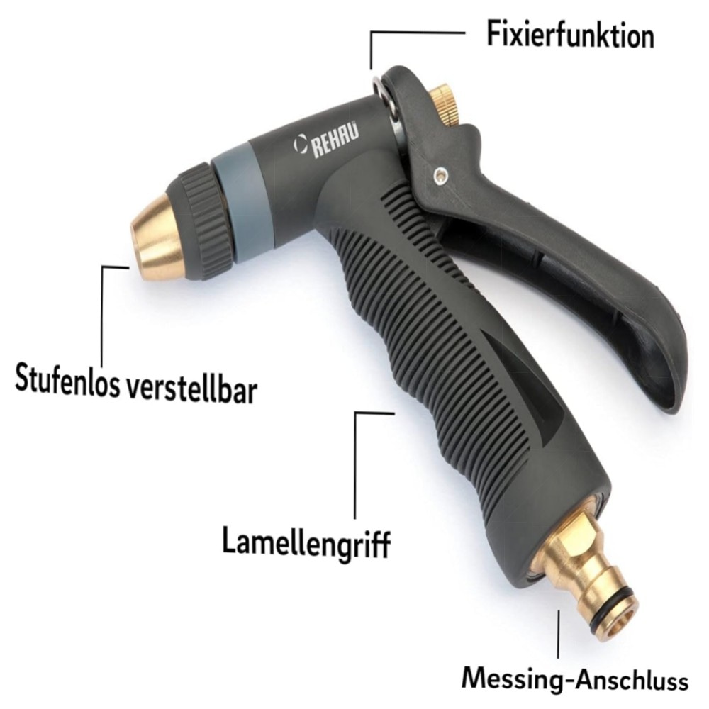 REHAU Gartenspritze Premium – robuste Metall-/Messing-Brause, verstellbarer Strahl & Feststellfunktion für Profi- und Hobbygärten