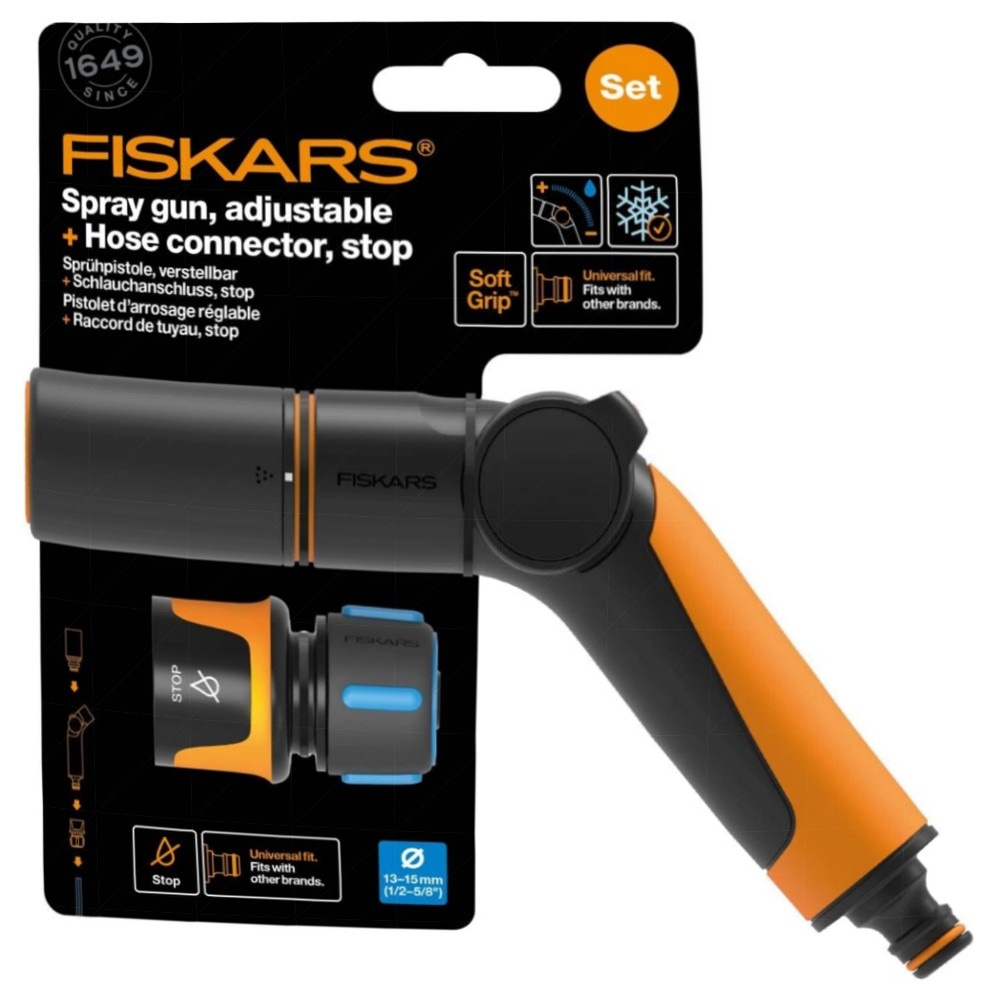 Fiskars 2‑teiliges Bewässerungsset – Sprühpistole 2‑Funktionen STOP‑Schlauchanschluss Ø13–15 mm, SoftGrip, frostbeständig