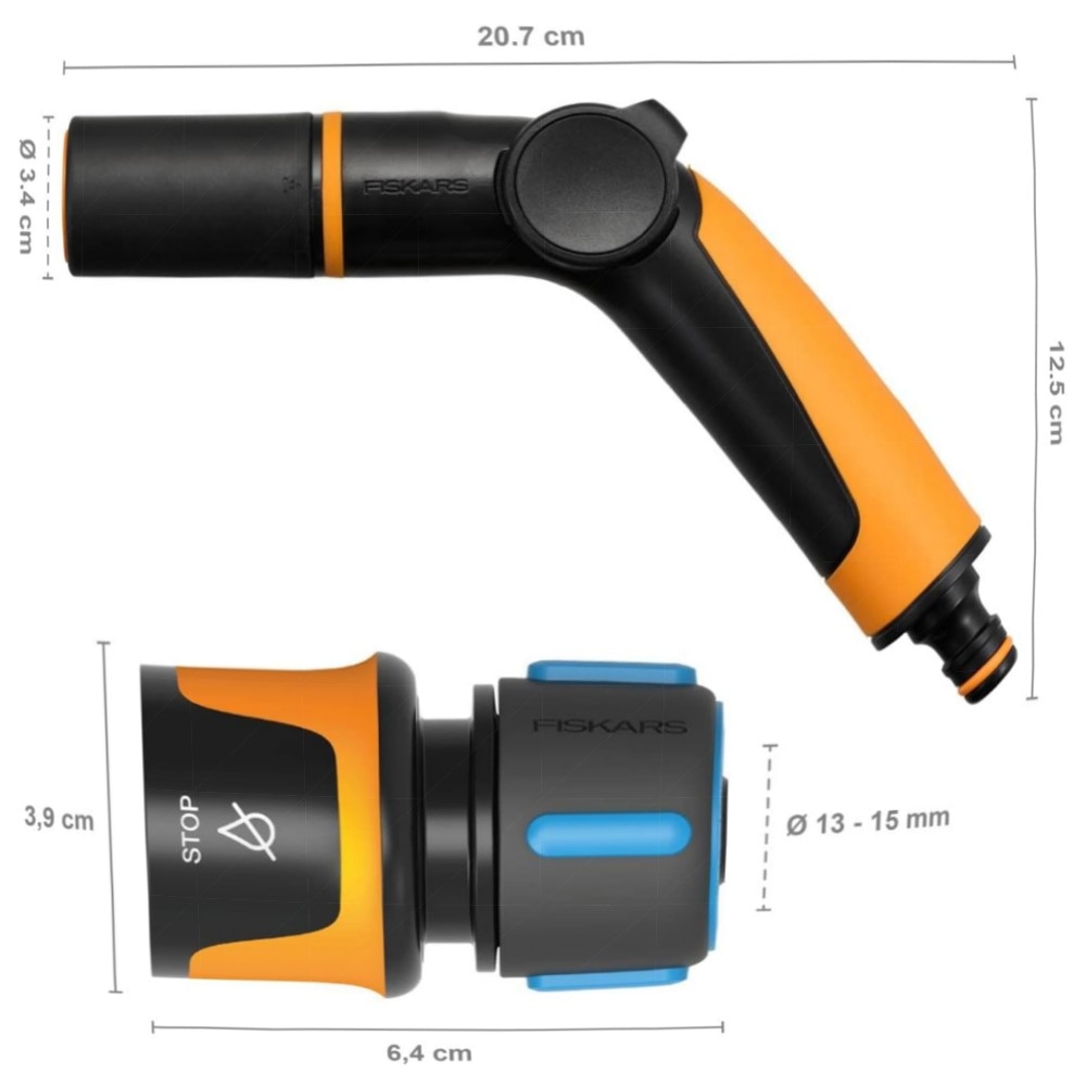 Fiskars 2‑teiliges Bewässerungsset – Sprühpistole 2‑Funktionen STOP‑Schlauchanschluss Ø13–15 mm, SoftGrip, frostbeständig