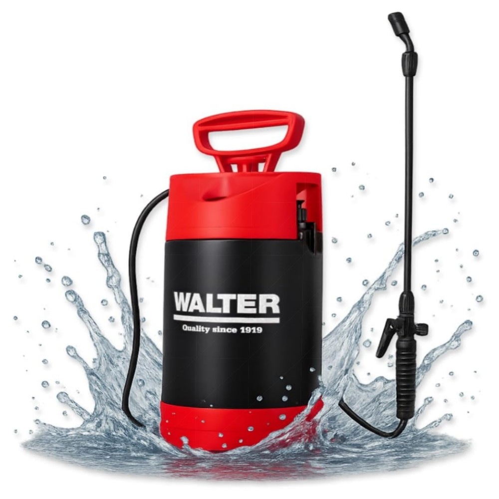 WALTER Drucksprüher 5L – hochwertiger Gartensprüher mit verstellbarer Düse, Überdruckventil & Druckanzeige für Pflanzenschutz & Reinigung