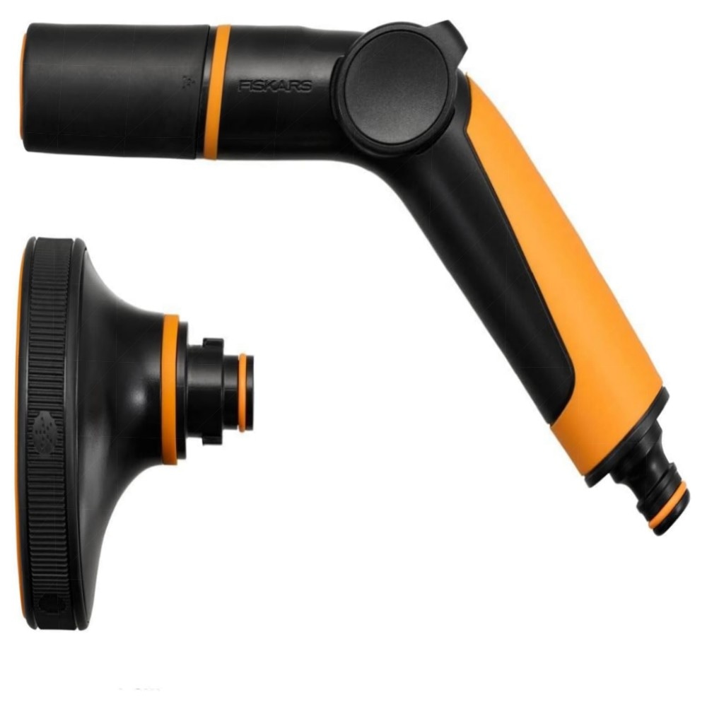 Fiskars 2‑teiliges Bewässerungsset – Sprühpistole 2‑Funktionen STOP‑Schlauchanschluss Ø13–15 mm, SoftGrip, frostbeständig