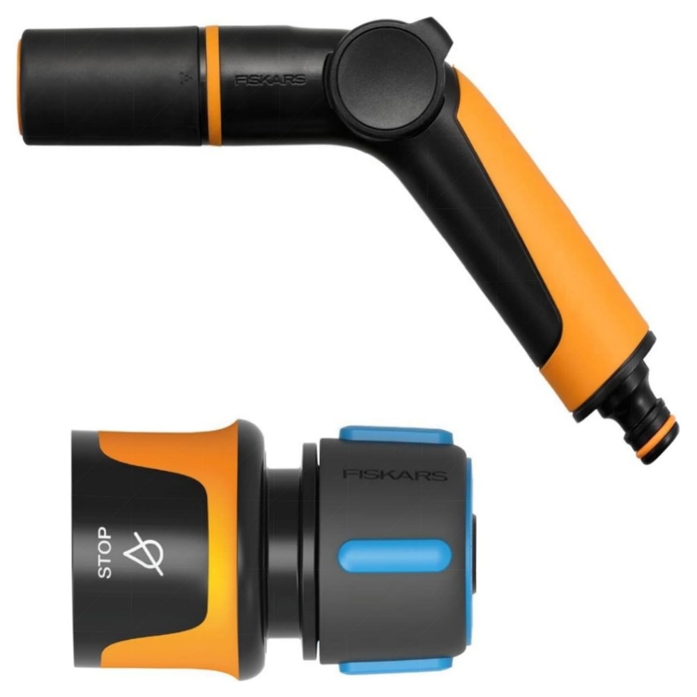 Fiskars 2‑teiliges Bewässerungsset – Sprühpistole 2‑Funktionen STOP‑Schlauchanschluss Ø13–15 mm, SoftGrip, frostbeständig