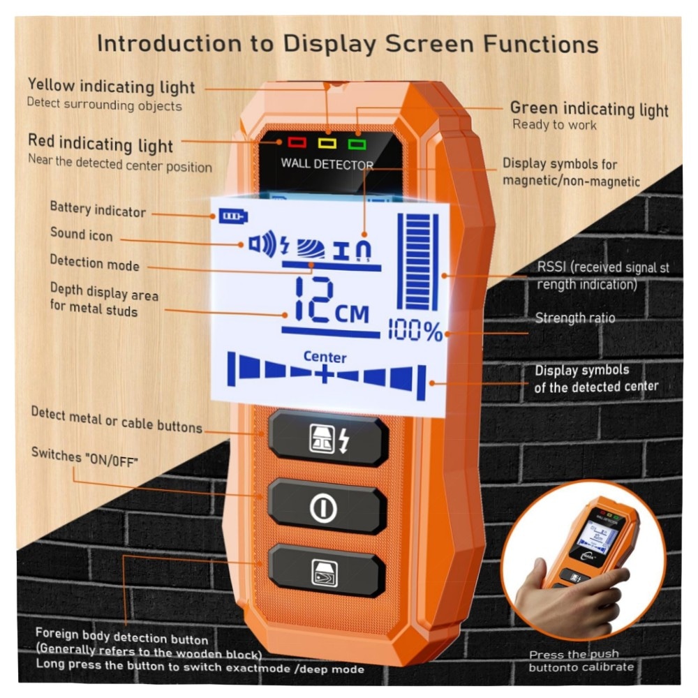 0718dcd63650.jpg Leitungssucher & Feuchtigkeitstester PIGADA ZK01 – 2‑in‑1 Wanddetektor (6 Modi) für Holz, Metall & Strom, beleuchtetes LCD, automatische Kalibrierung