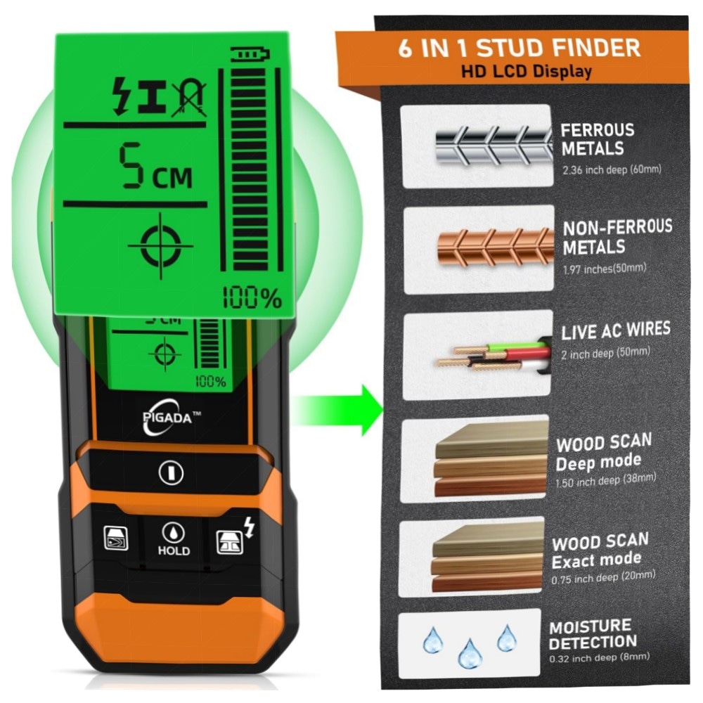 135e203a7676.jpg Leitungssucher & Feuchtigkeitstester PIGADA ZK01 – 2‑in‑1 Wanddetektor (6 Modi) für Holz, Metall & Strom, beleuchtetes LCD, automatische Kalibrierung