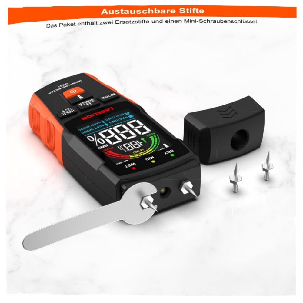 2‑in‑1 Feuchtigkeitsmessgerät MS03 – stiftlos & Nadel‑Modus, LCD, Hold, Taschenlampe, für Holz Beton Gips