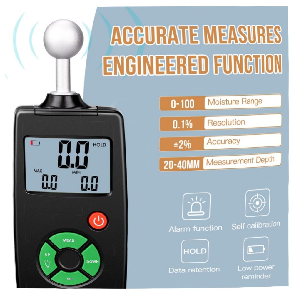 194db6d90938.jpg Feuchtigkeitsmessgerät Wand & Holz digital mit LCD, zerstörungsfreie Messung 20–40 mm, Alarmfunktion, inkl. Tasche und Batterien