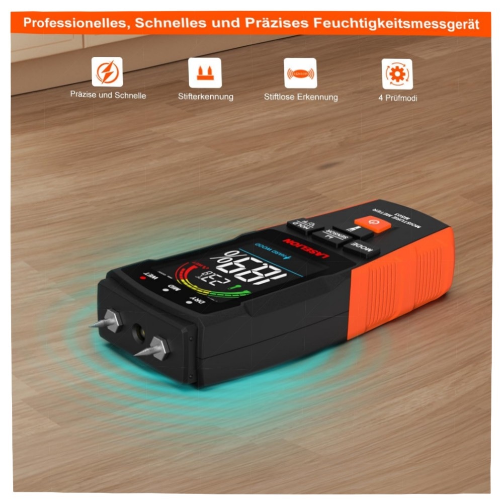 2‑in‑1 Feuchtigkeitsmessgerät MS03 – stiftlos & Nadel‑Modus, LCD, Hold, Taschenlampe, für Holz Beton Gips