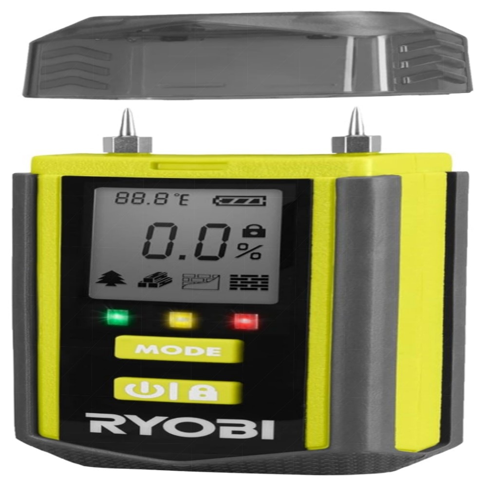 RYOBI Feuchtigkeitsmessgerät RBPINMM1 – präzise Messung bis 30 mm, 4 Modi (Weich-/Hartholz, Gips, Beton), inkl. Tasche & Batterien