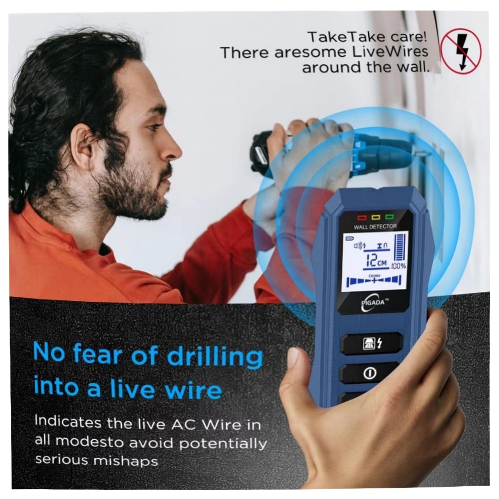 30c7aa5f8154.jpg Leitungssucher & Feuchtigkeitstester PIGADA ZK01 – 2‑in‑1 Wanddetektor (6 Modi) für Holz, Metall & Strom, beleuchtetes LCD, automatische Kalibrierung