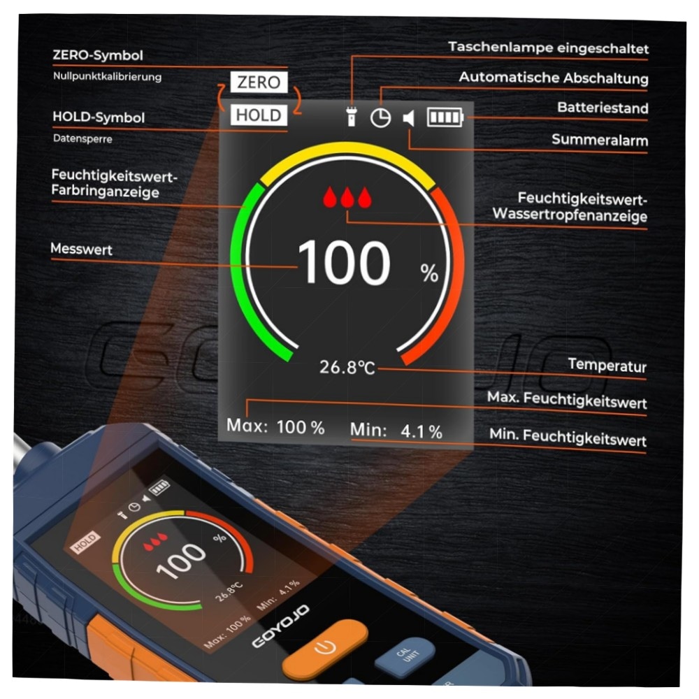 GOYOJO Feuchtigkeitsmessgerät Wand & Holz, Stiftlos 5–40mm Tiefen-Scan, Wiederaufladbar mit Alarm & LED-Taschenlampe