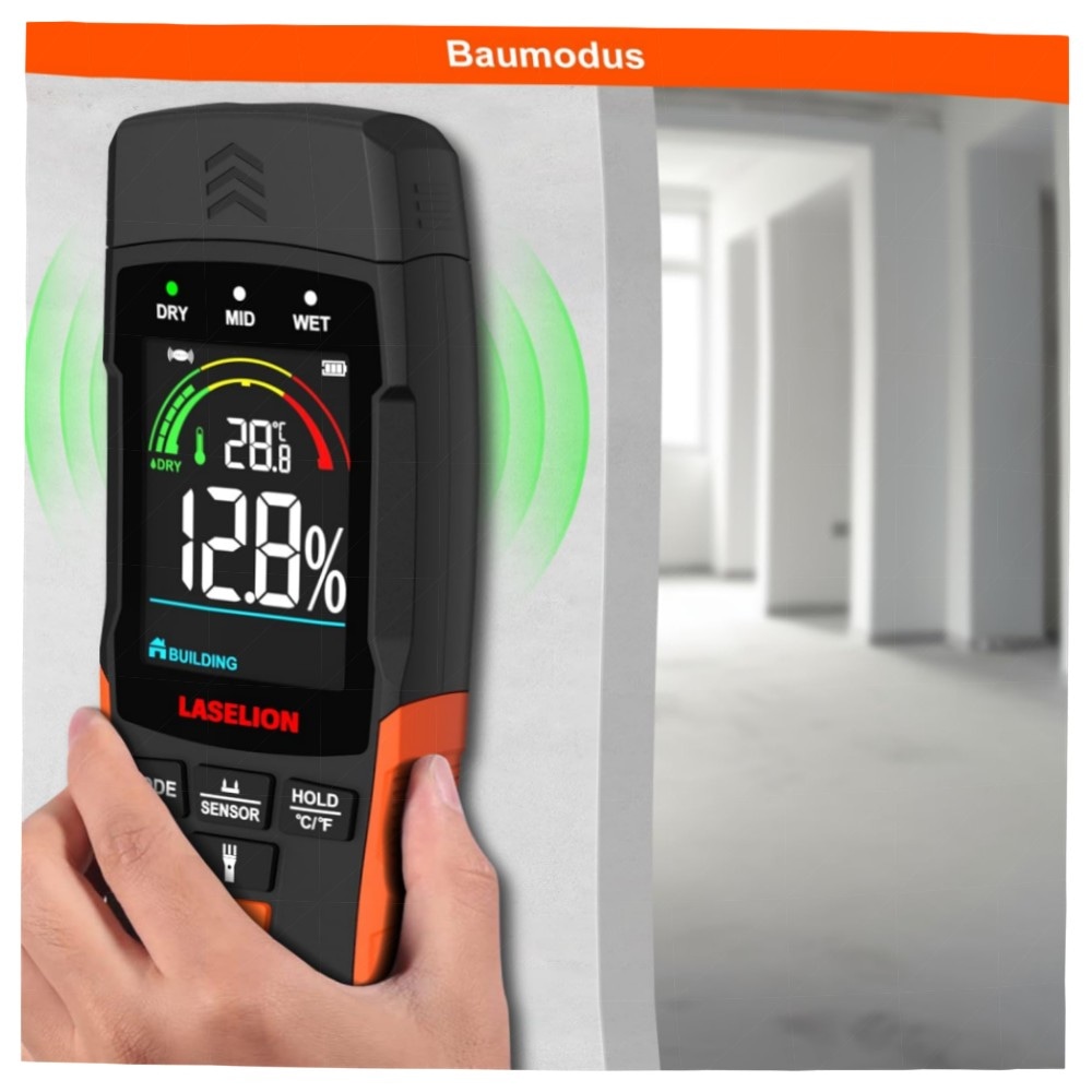 2‑in‑1 Feuchtigkeitsmessgerät MS03 – stiftlos & Nadel‑Modus, LCD, Hold, Taschenlampe, für Holz Beton Gips