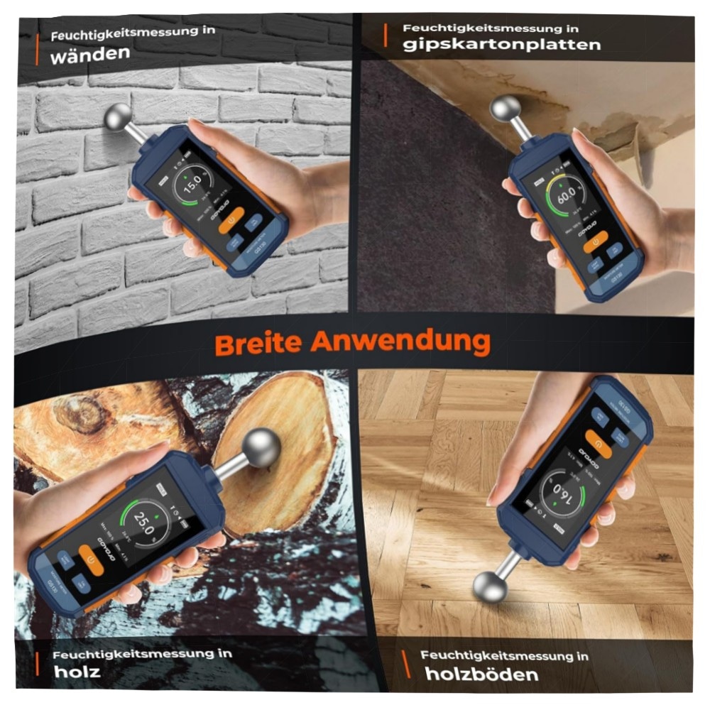 GOYOJO Feuchtigkeitsmessgerät Wand & Holz, Stiftlos 5–40mm Tiefen-Scan, Wiederaufladbar mit Alarm & LED-Taschenlampe