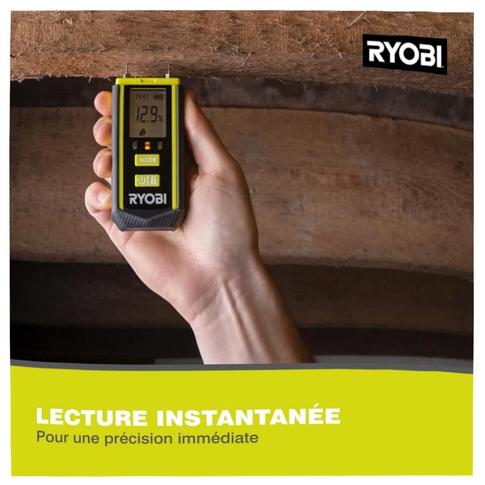 61abdbc37139.jpg RYOBI Feuchtigkeitsmessgerät RBPINMM1 – präzise Messung bis 30 mm, 4 Modi (Weich-/Hartholz, Gips, Beton), inkl. Tasche & Batterien