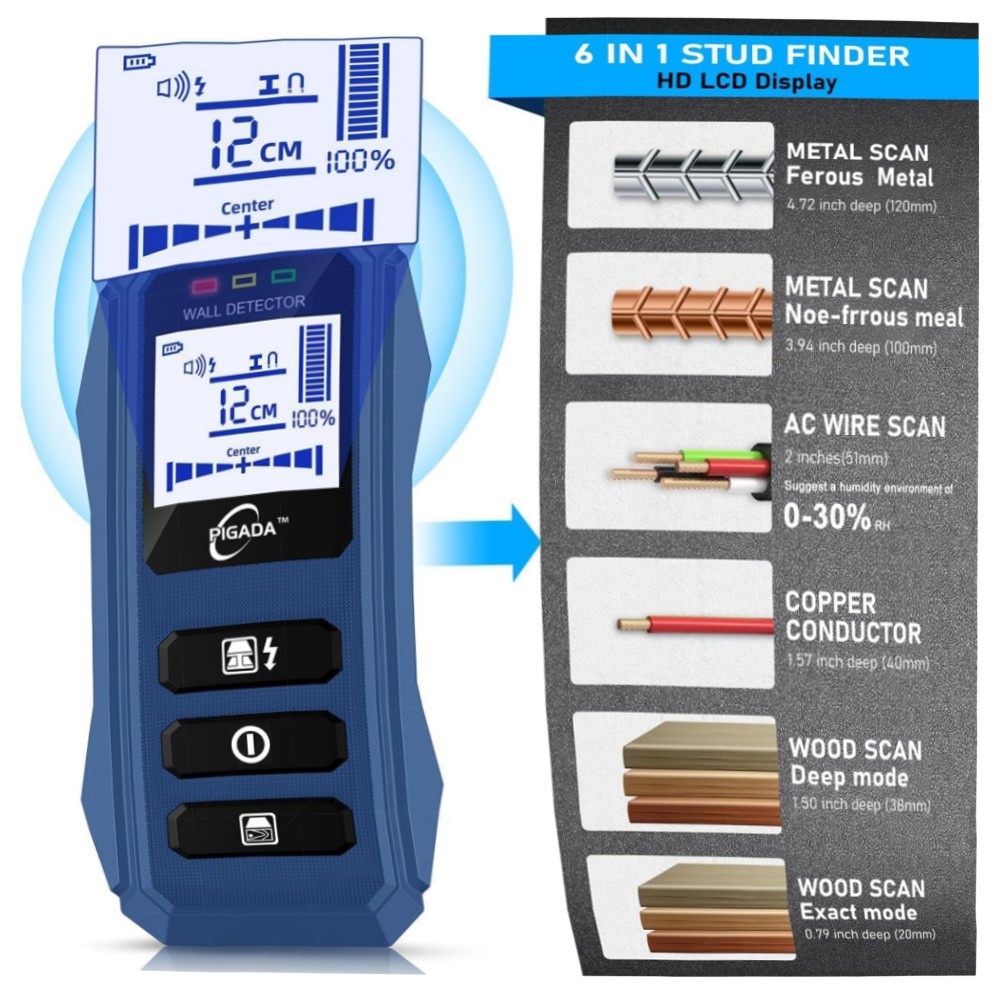 660c3e3f5965.jpg Leitungssucher & Feuchtigkeitstester PIGADA ZK01 – 2‑in‑1 Wanddetektor (6 Modi) für Holz, Metall & Strom, beleuchtetes LCD, automatische Kalibrierung