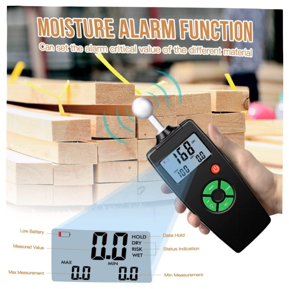 6884ba3c3972.jpg Feuchtigkeitsmessgerät Wand & Holz digital mit LCD, zerstörungsfreie Messung 20–40 mm, Alarmfunktion, inkl. Tasche und Batterien