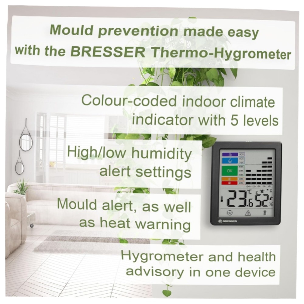 Bresser Thermo-Hygrometer mit Schimmelwarnung & Farbindikator – Raumklima‑Manager, Temperatur‑ und Feuchtigkeitsmesser mit Alarm