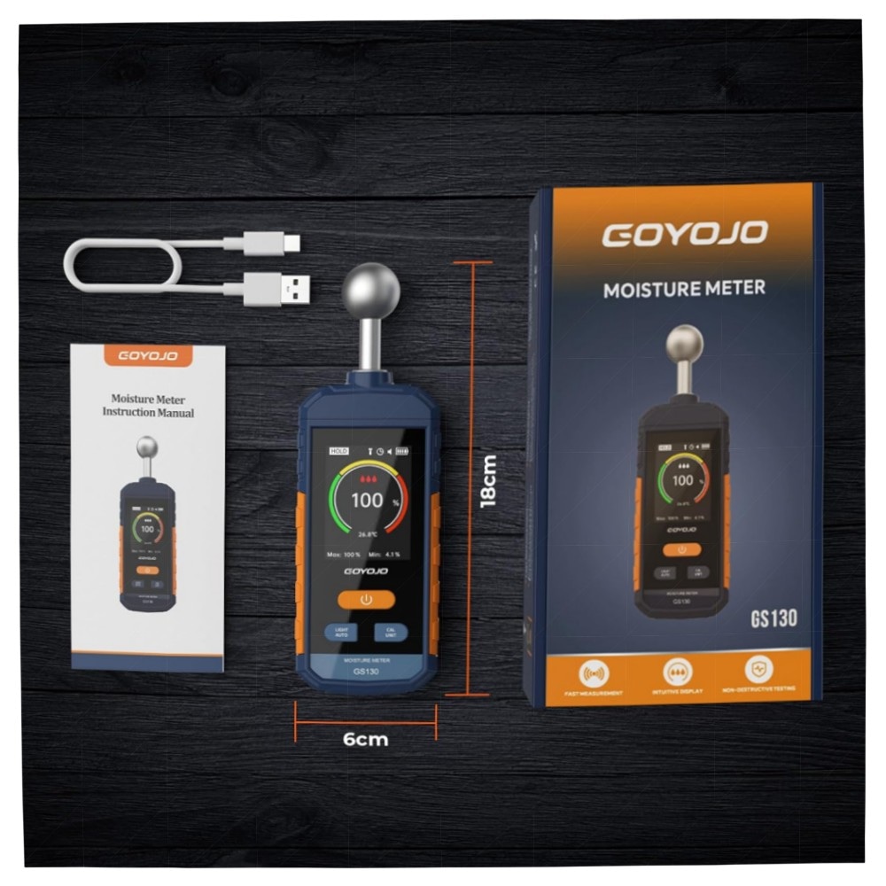 GOYOJO Feuchtigkeitsmessgerät Wand & Holz, Stiftlos 5–40mm Tiefen-Scan, Wiederaufladbar mit Alarm & LED-Taschenlampe
