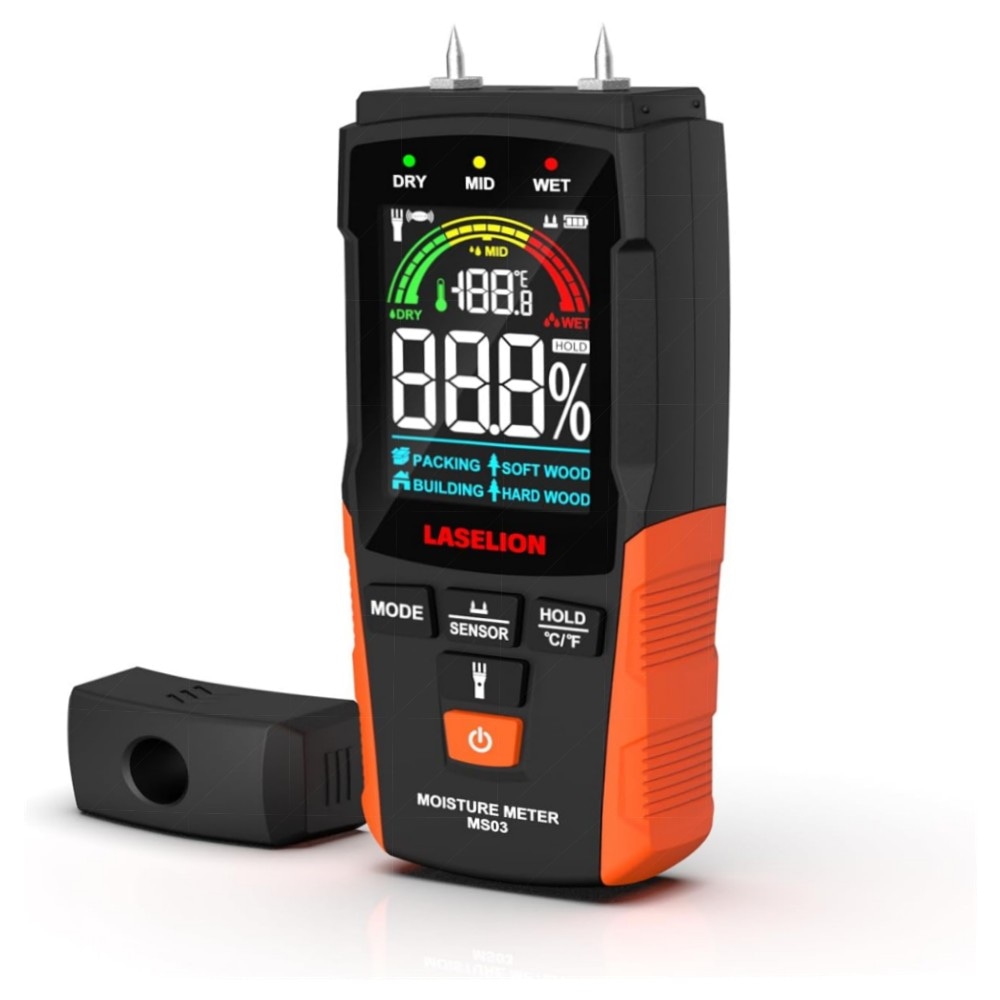 2‑in‑1 Feuchtigkeitsmessgerät MS03 – stiftlos & Nadel‑Modus, LCD, Hold, Taschenlampe, für Holz Beton Gips